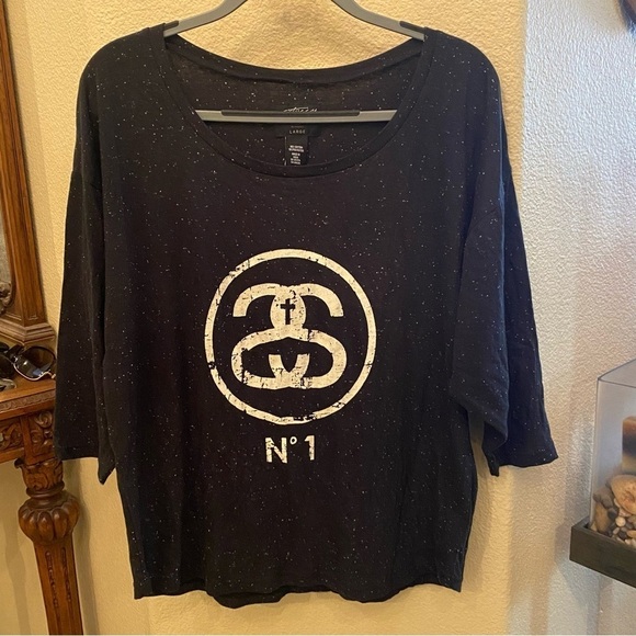 NWT~STUSSY Women Black Graphic No. 1 Dolman 3/4 Sleeve Tee Size Large - Picture 1 of 8